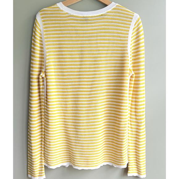 TALBOTS M Crewneck Knit Sweater Scallop Trim Yellow White Stripe Preppy Coastal - Picture 8 of 12
